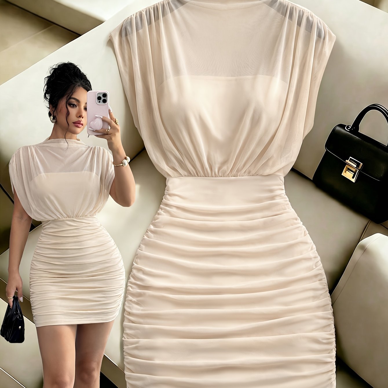 TEMU Spring Summer New Solid Mesh Dress Round Neck Sheer Vest And Waist-cinching Pleated Short Skirt Sexy Date Dress