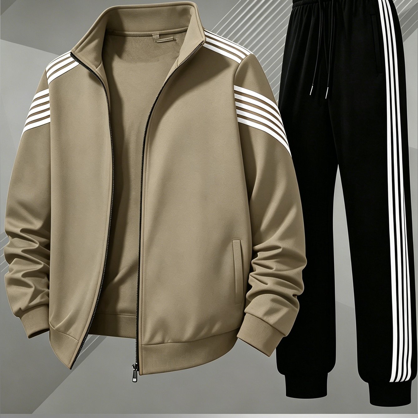 Men's Casual Suit With Zipper Jacket And Long Pants, Digital Printed Polyester Fiber, Printed Long Sleeve Regular Version 2pcs Set For Spring And Autumn Vacation And Street Fashion Clothing