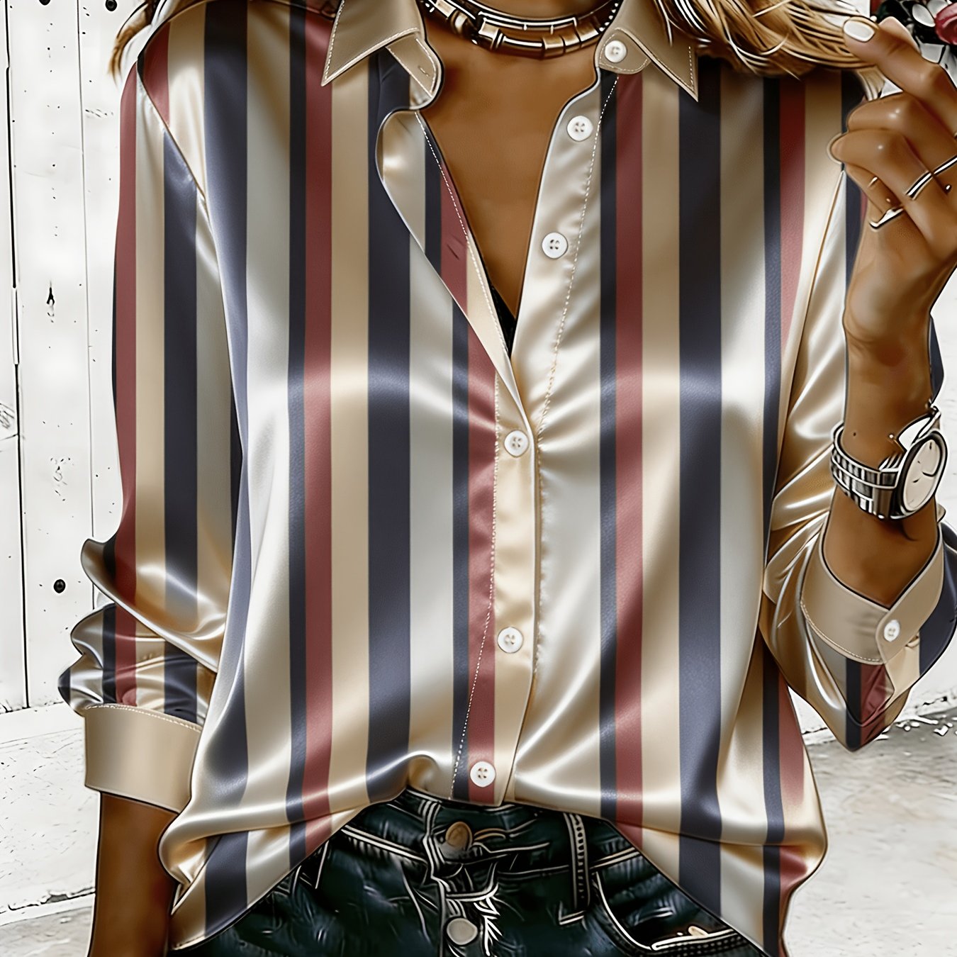TEMU Elegant Vertical Stripe Satin Blouse, Lapel Long Sleeve Single-button Office Shirt, Suitable For Office, Party, And Casual Wear