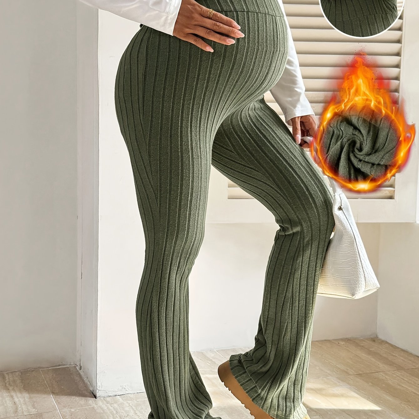 TEMU Maternity Autumn Clothing, Solid Color Adjustable Waistband Ribbed Flare Pants, Maternity Leggings
