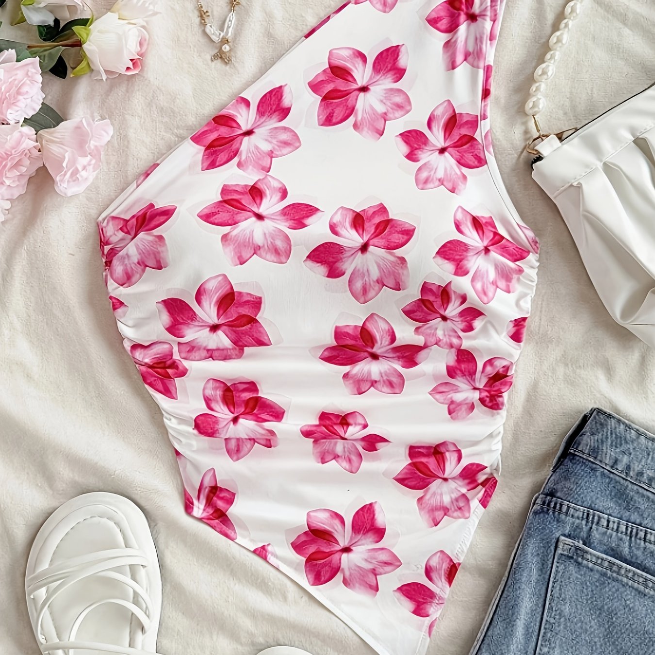 Spring Summer Asymmetrical Off-shoulder Floral Top