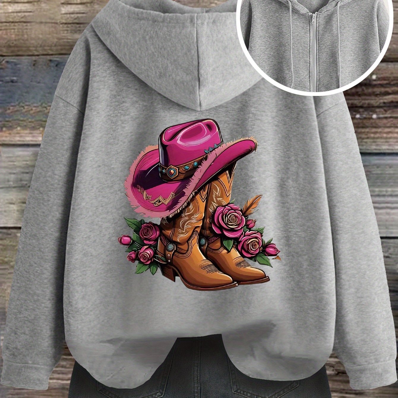 TEMU Women's Western Cowboy Boot & Rose Print Hoodie - Zip-up Sweatshirt With Pockets, Gray, Fall/winter Collection, Polyester, Western Style, Casual