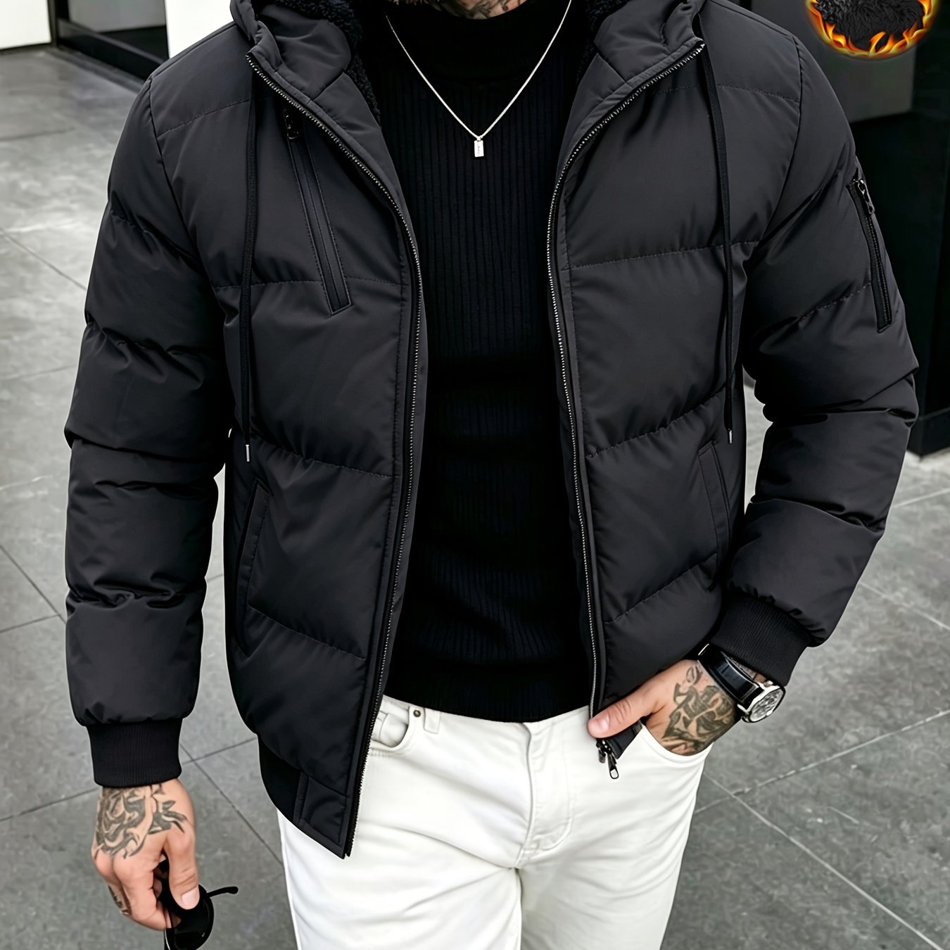 TEMU New Winter Plush-lined Padded Coat For Men, Loose Fit Outerwear With Chest Zipper, Trendy And Fashionable Hooded Thickened Youth Padded Coat,