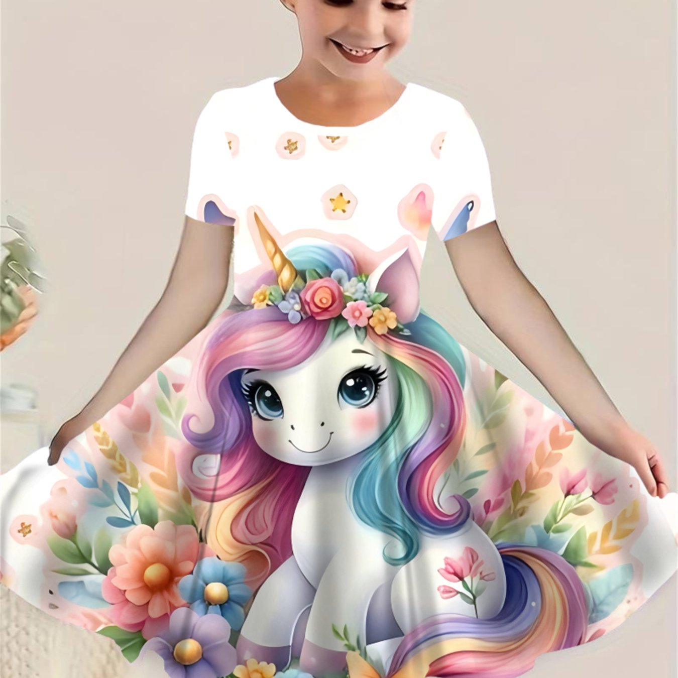 Image of Spring/summer Kids' Cute Unicorn Print Short Sleeve Dress, Versatile Short Sleeve Dress With 3d , Adorable Children' For Outdoor Wear