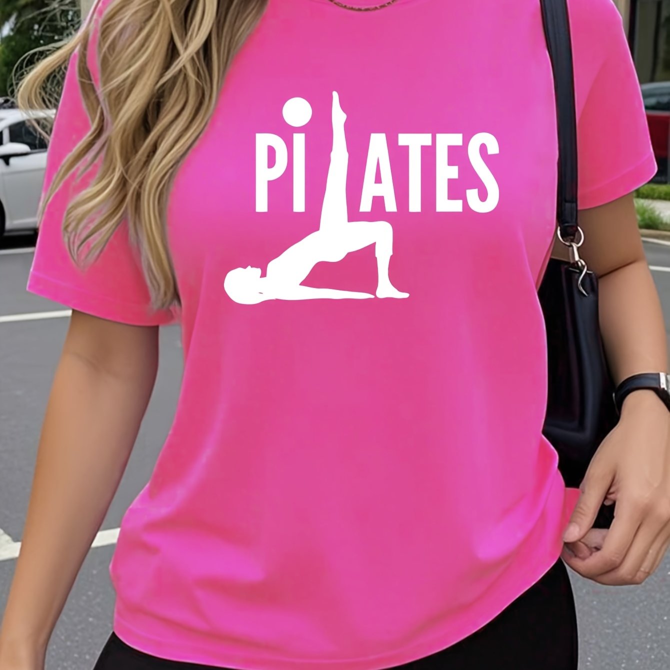 TEMU Camiseta Casual de Manga Corta para Mujer Y2K, Diseño Artístico y Moderno con Estampado Divertido de Pilates YOGA, Top de Cuello Elástico, Ropa