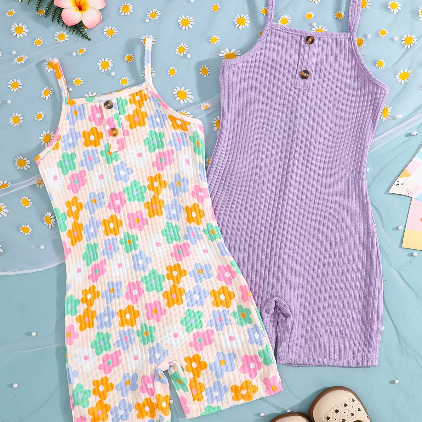 TEMU 2pcs Set For Girls, Floral Print Colorful Romper, Comfortable 1pc Shorts Outfit, Cute Design, Casual And Versatile Wear, Perfect For Outdoor