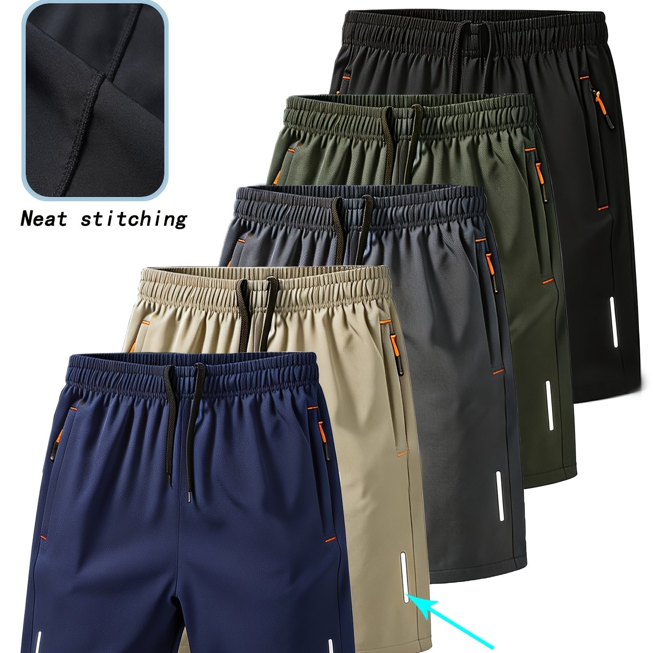 TEMU Outfits 5pcs Sports Shorts, Quick-dry Athletic Fitness Shorts With Zippered Pockets And Reflective Strips, Lightweight Breathable Running Shorts