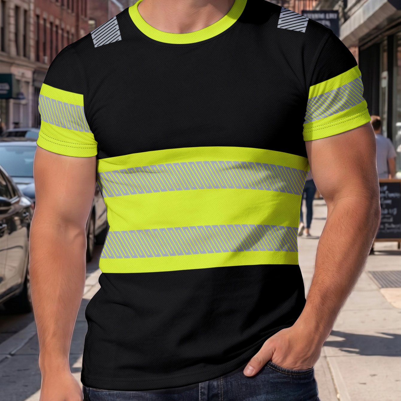 TEMU Men's Neon Green & Black Color Block T-shirt - Lightweight Breathable Twill Print Crew Neck Short Sleeve, Suitable For Daily Casual Wear, Gym,