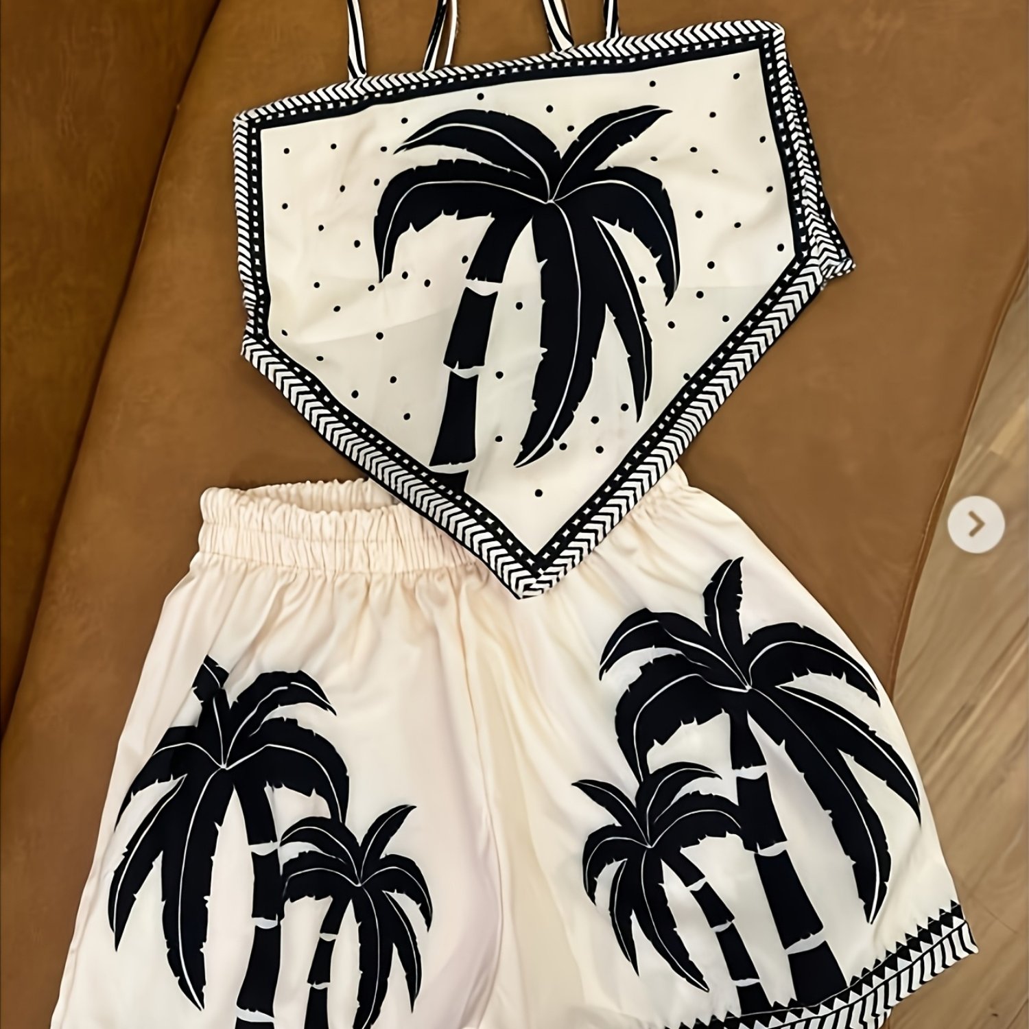 TEMU Completo da YTD stile anni '50 con stampa palma da e , composto da shorts con bretelle e pantaloni, con elastico in vita e lacci sulla schiena,