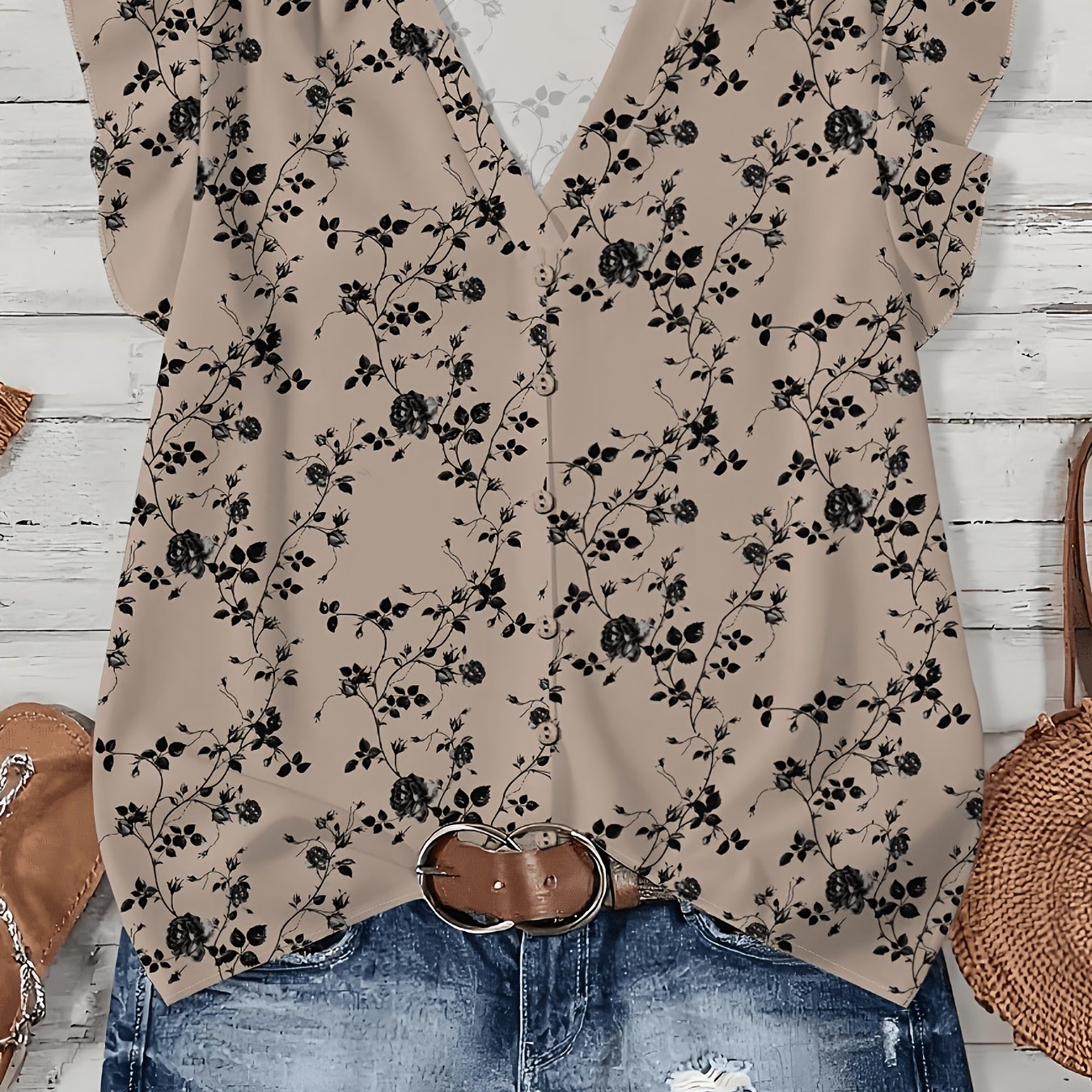 TEMU Plus Size, Plus Size Women's V-neck Short Sleeve Blouse Shirt - Elegant V-neck Blouse Top With Short Sleeves, Non-stretch Suitable For Summer,