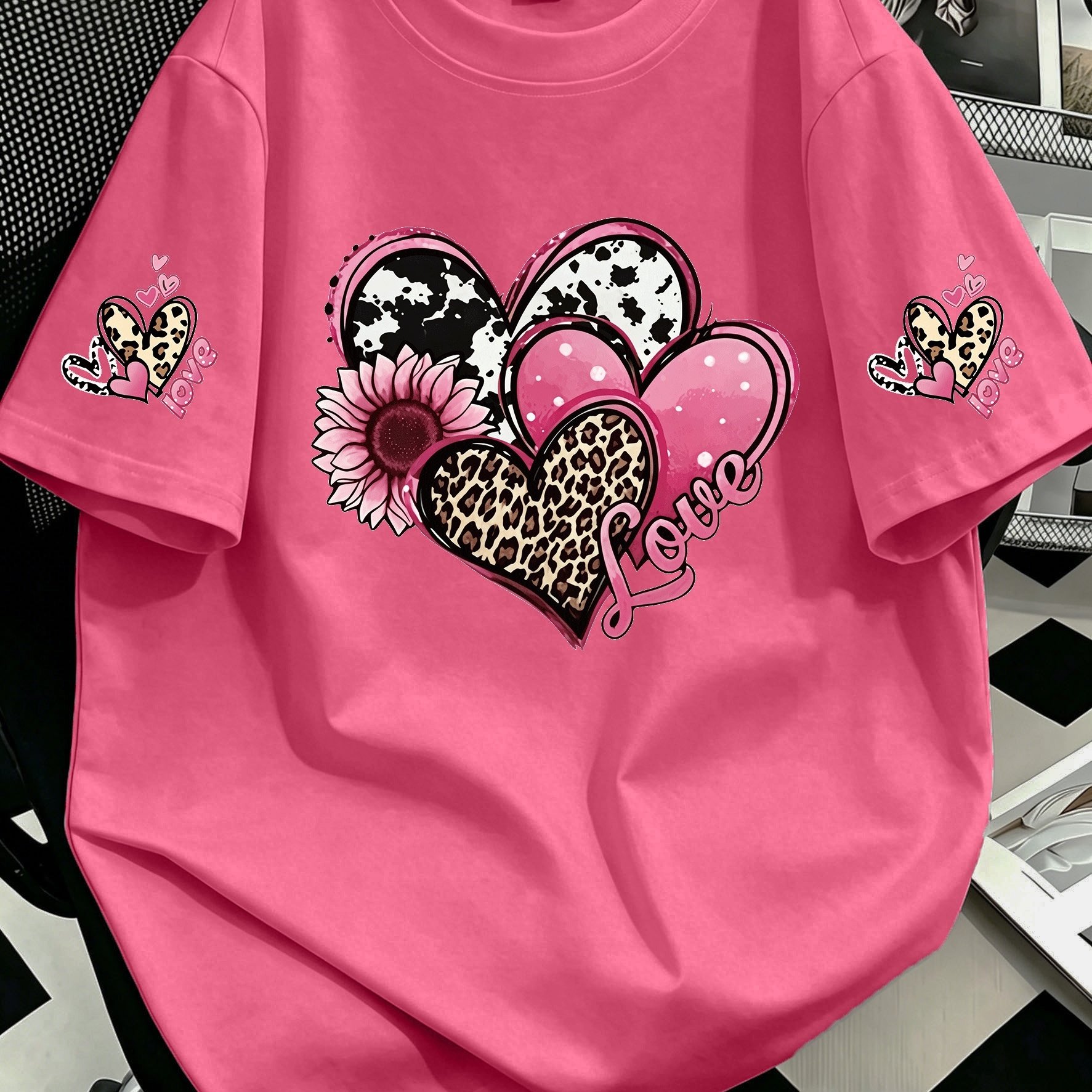 TEMU Plus Size, Plus-size Women's Oversized Heart Print T-shirt - Short Sleeve Round Neck Blouse Suitable For Summer Vacations, Beach Parties, Events