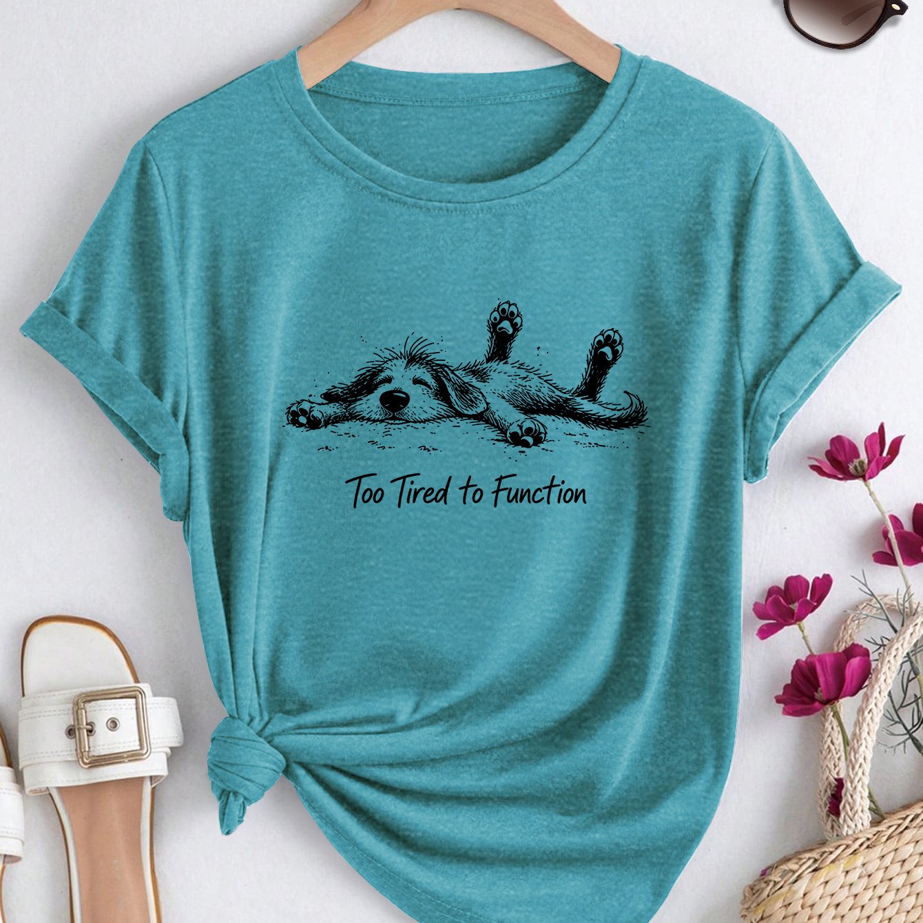 TEMU Plus Size Women's Oversized "too Tired To Function" Puppy Print T-shirt - Soft Vintage Crew Neck Short Sleeve -compatible Top Suitable For