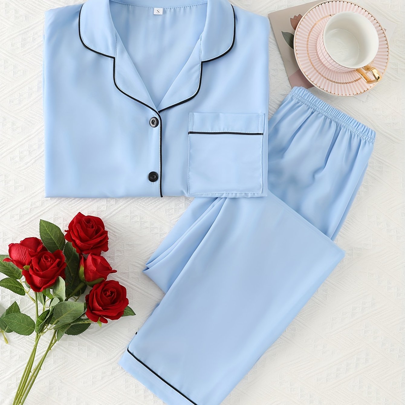 E-shop Bequemes Pyjama-Set Mit Lockerer Passform, Gemütliches Langarm-Oberteil Mit Knopfleiste Und Reverskragen & Elastische Hose, Damen-Nachtwäsche