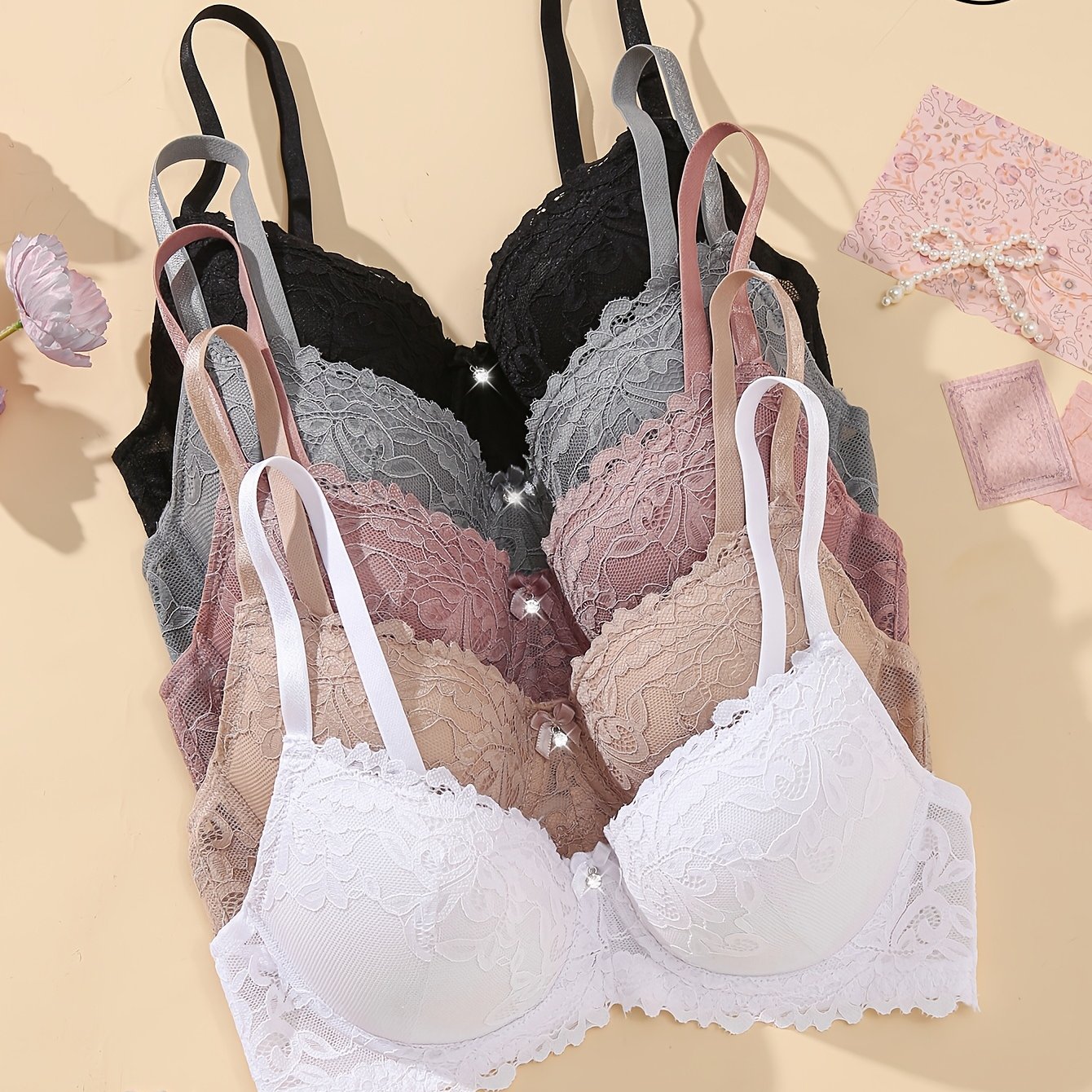 E-shop Spitzenbesatz Damen Push-Up Bügel-BH Atmungsaktiv 5 Stück