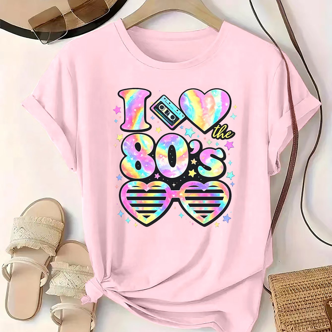 TEMU Women's Casual Short Sleeve T-shirt 80's.retro.colorfulround-neck Summer Top. Machine Washable And Breathable. Suitable For Casual Outfits.