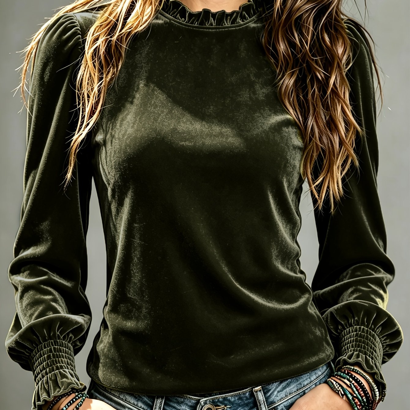 TEMU Women's Velvet Top, Ear-ruffle Semi-high Neck Lantern Long Sleeve With Elastic Cuffs, Elegant Casual Autumn/winter Blouse
