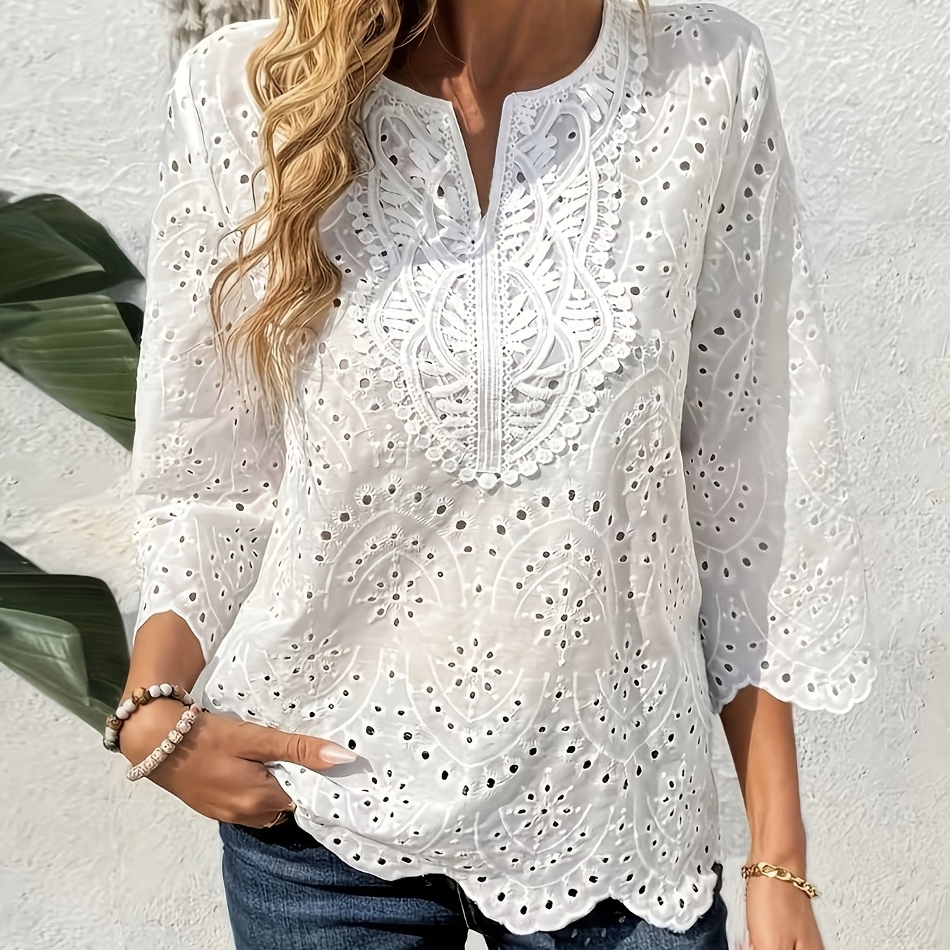 TEMU Embroidered Hollow-out V-neck 3/4 Sleeve Top | Elegant Notched Collar, Wear