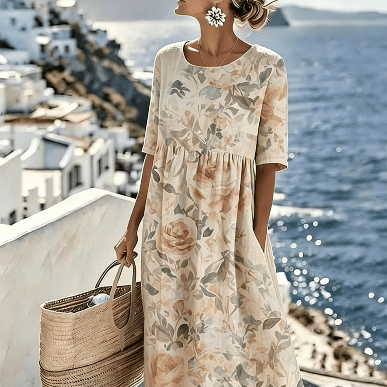 Women's Summer New Half-sleeve Dress, Nude Tone Rose Print, Round Neck Waist A-line Skirt, Loose Casual Vacation Long Dress
