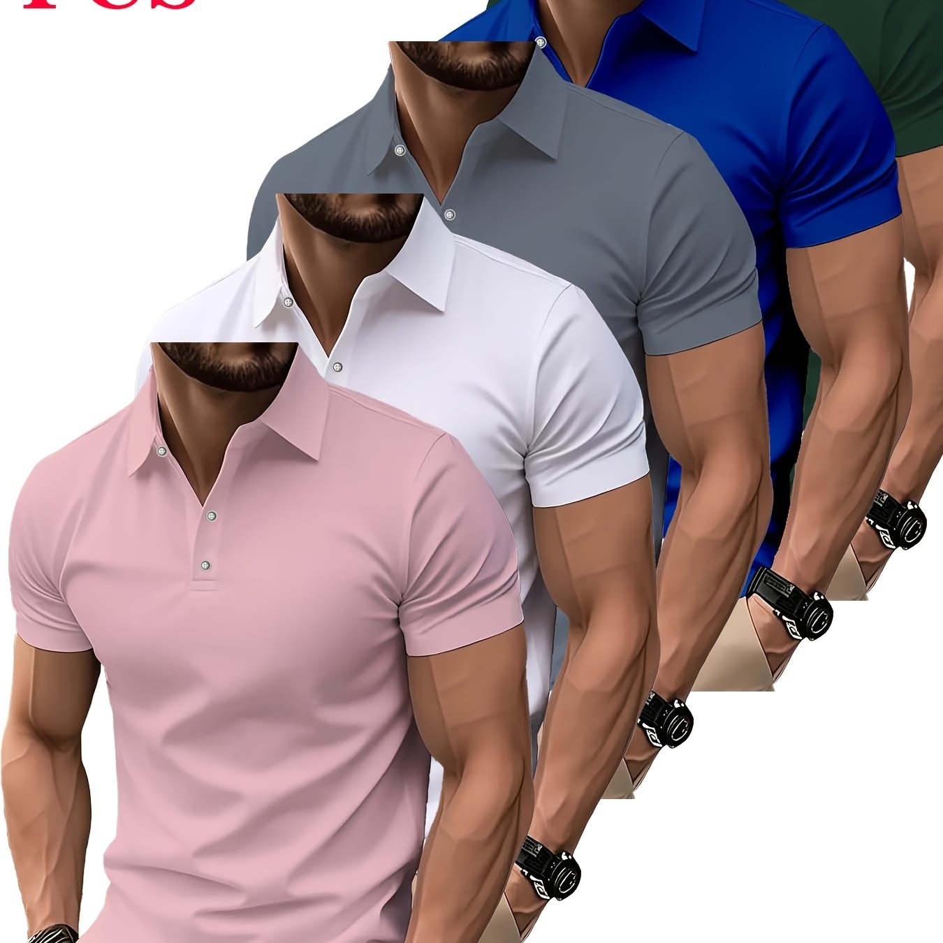 TEMU Men's 5pcs Solid Color Shirts - Summer Short Sleeve Collar Button-up Casual Business T-shirt Tops, Breathable Machine Washable Fabric, For