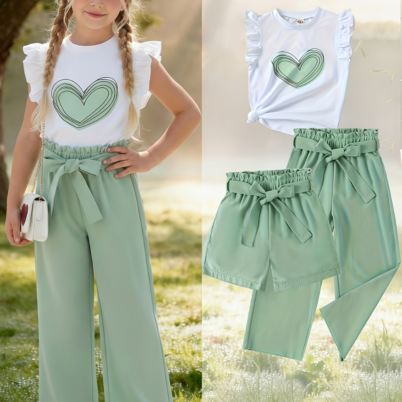 Image of Girls' Summer Cool Heart Pattern Flutter Sleeve Top + Straight-leg Pants + Shorts With Belt 3-piece Set, Casual And Comfortable For Daily Wear, Perfect For Outdoor