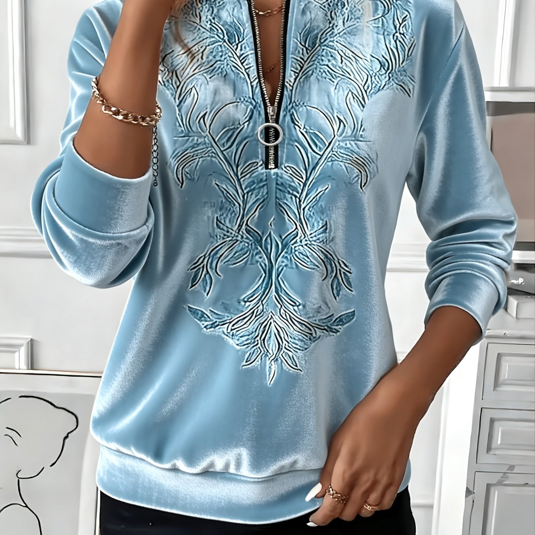 TEMU Damen Langarm-Top aus Samt für Herbst Winter mit halbem Reißverschluss, modischer lockerer eleganter Pullover mit blauem Blumendruck, geeignet