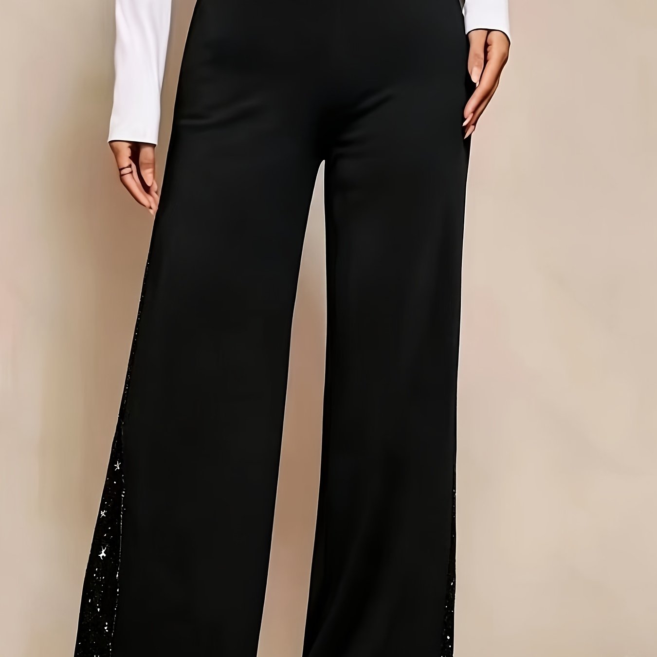 TEMU High-waist Wide-leg Pants With Side Sequins, Casual Trousers, Niche Statement Shimmering Versatile Pants