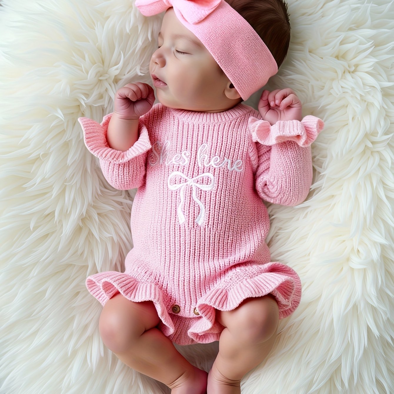 Image of 2pcs Newborn Romper And Bow Headband, Baby Girl Knitted Cute Long-sleeve Sweater Pullover, Newborn Autumn Winter Photography Outfit