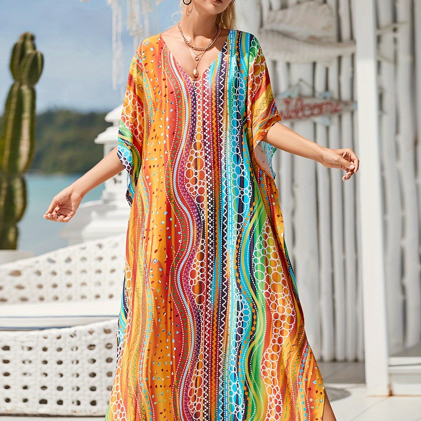 TEMU Plus Size V Neck Striped Print Side Split Batwing Sleeve Loose Fit Up Kaftan Dress, Women's Swimwear & Clothing