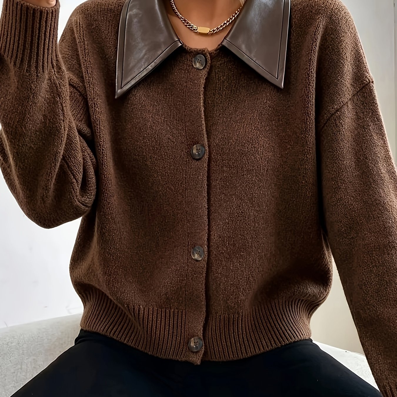 TEMU Elegant Collar Cardigan Sweater, Autumn/winter Soft And Plush Button-up Sweater Outerwear, 2026 New Arrival, Stylish And Beautiful Women's