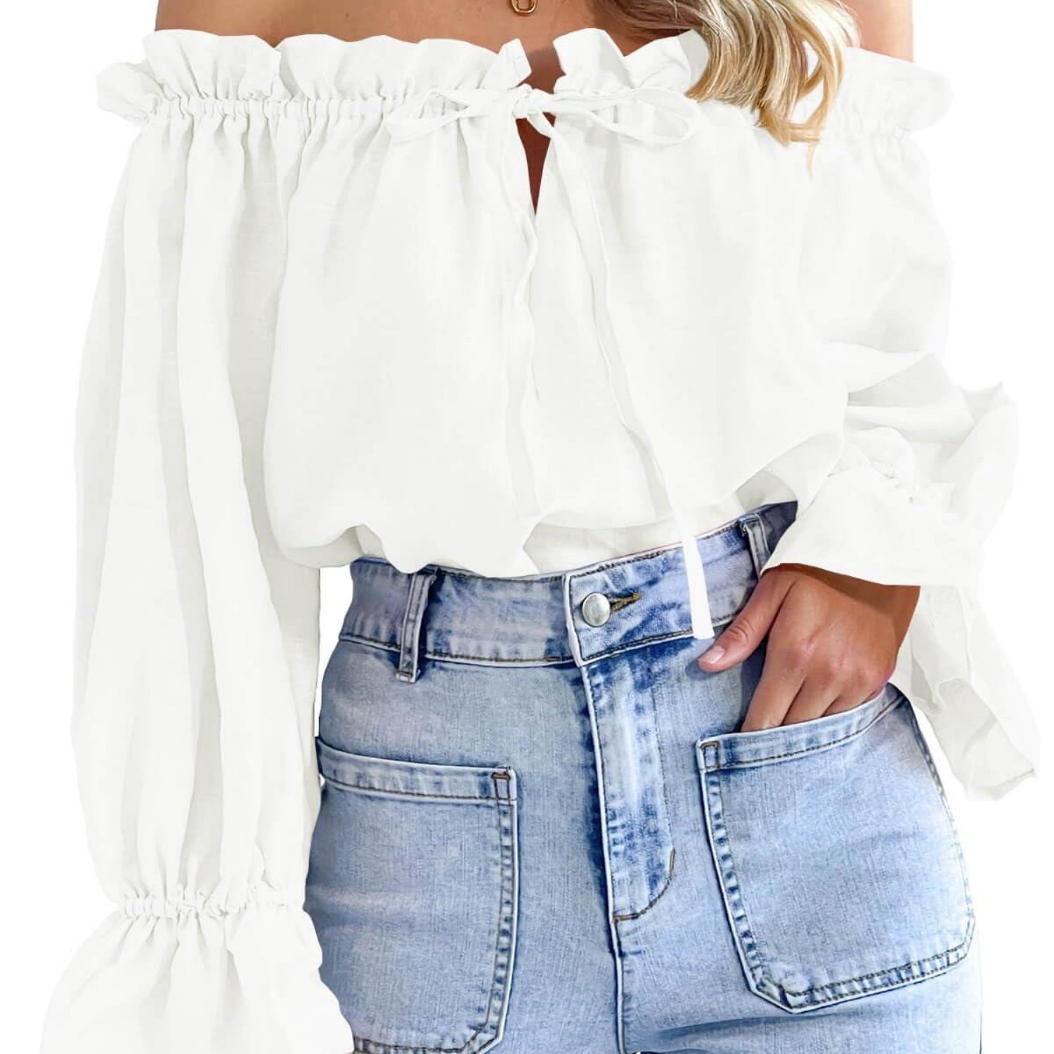 Womens Off The Shoulder Tops Puff Long Sleeve Tie Front Loose Fit Ruffle Shirts Blouses