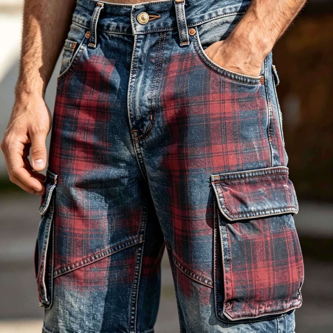 Image of Non-faux Denim Fabric Retro Plaid Digital Printing Men's Tooling Shorts, Summer Multi-pocket Five-point Pants, Suitable For Outdoor Daily Casual Wear