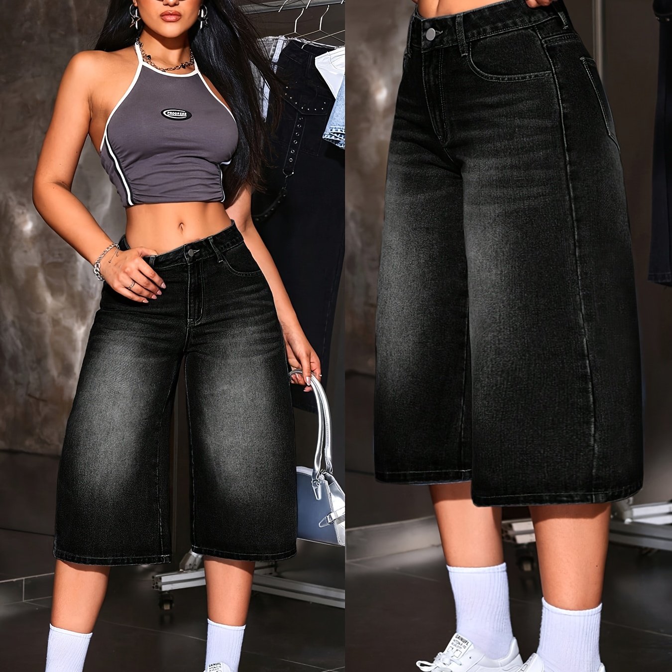 Women's High-waisted Straight-leg Stretch Denim Capris, Black Wide-leg Fashion Jeans, New Summer Casual Pants