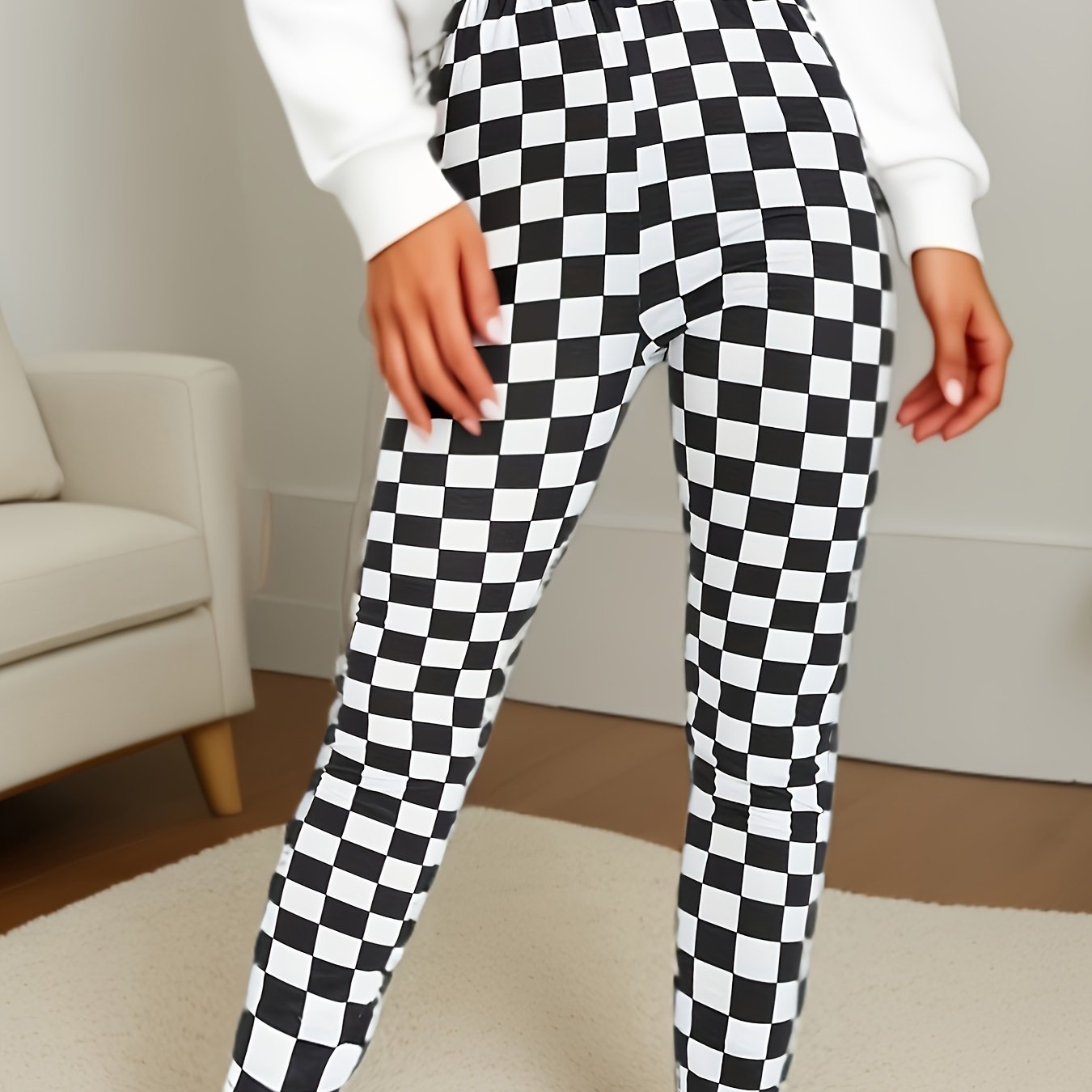Image of European And Fashion Geometric Square Pattern Print Slim Fit Elastic Leggings Suitable For Women Swear Gym Pants