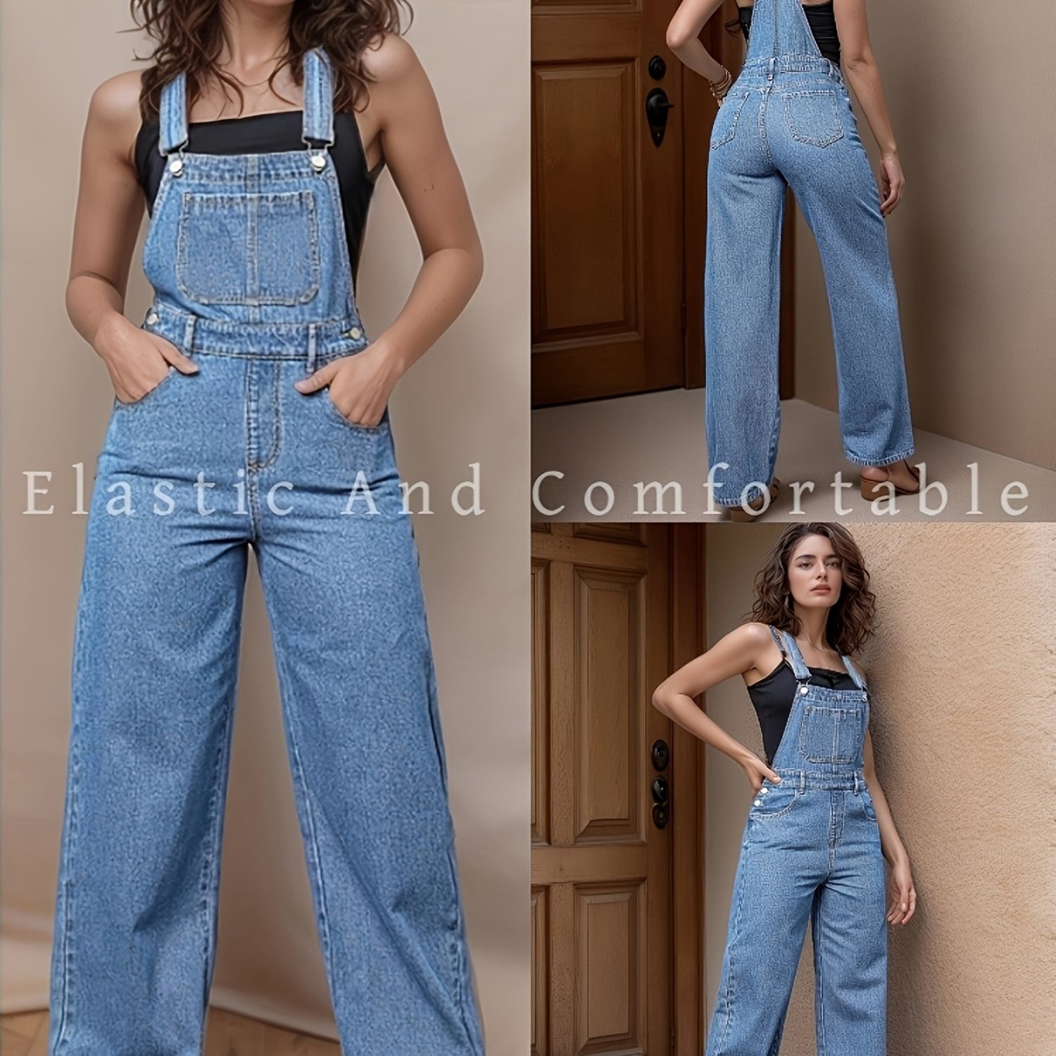 Stretch Overalls Adjustable Straps With Pockets Comfortable Denim Jumpsuit
