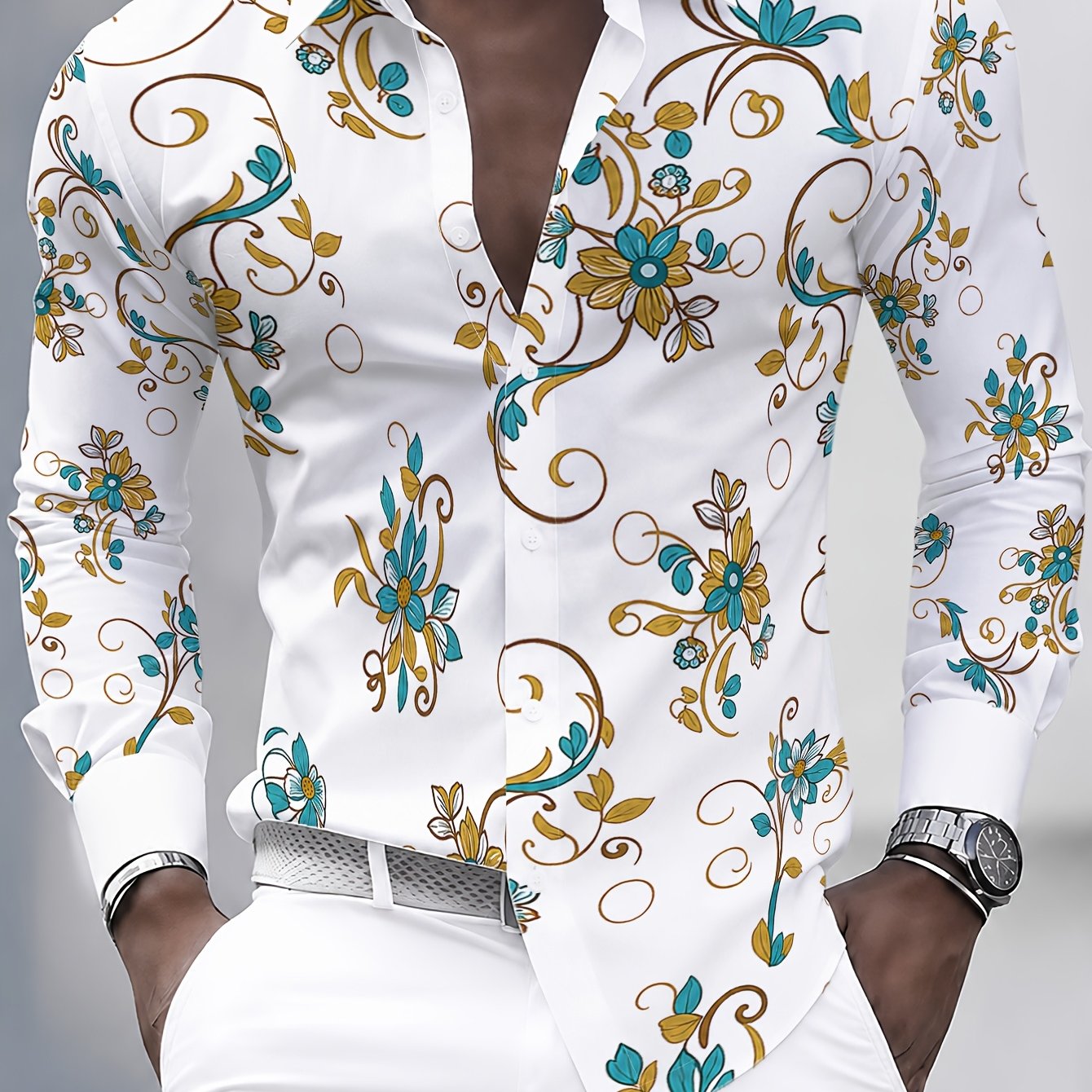 TEMU [printed Design â Not Textured] Men's Casual Fashion Long-sleeve Shirt With Vintage Floral Pattern Print