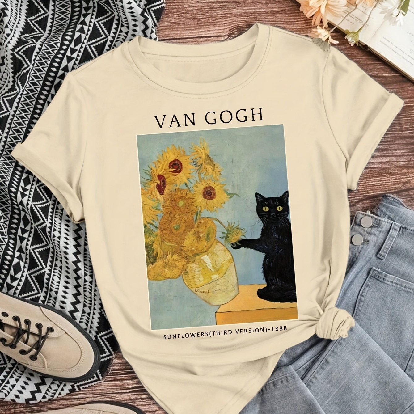 TEMU Voguevessel Men's Retro Oil Painting T-shirt - Khaki Sunflower & Cat Casual Round Neck Tee, Regular Fit Suitable For Parties & Casual Attire,