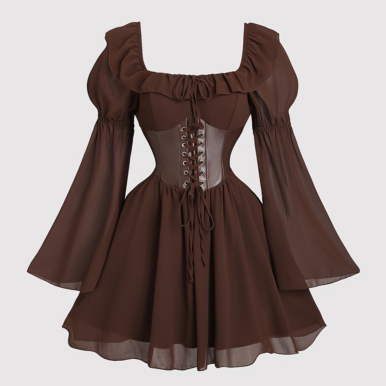 E-shop Quadratischer Ausschnitt -Kleid mit Kurzen Langen Ärmeln, Rüschen A-Linien Vintage-Kleid, Semi-Formelles Kleid, Damen Frühjahr/Sommer Kleidung,
