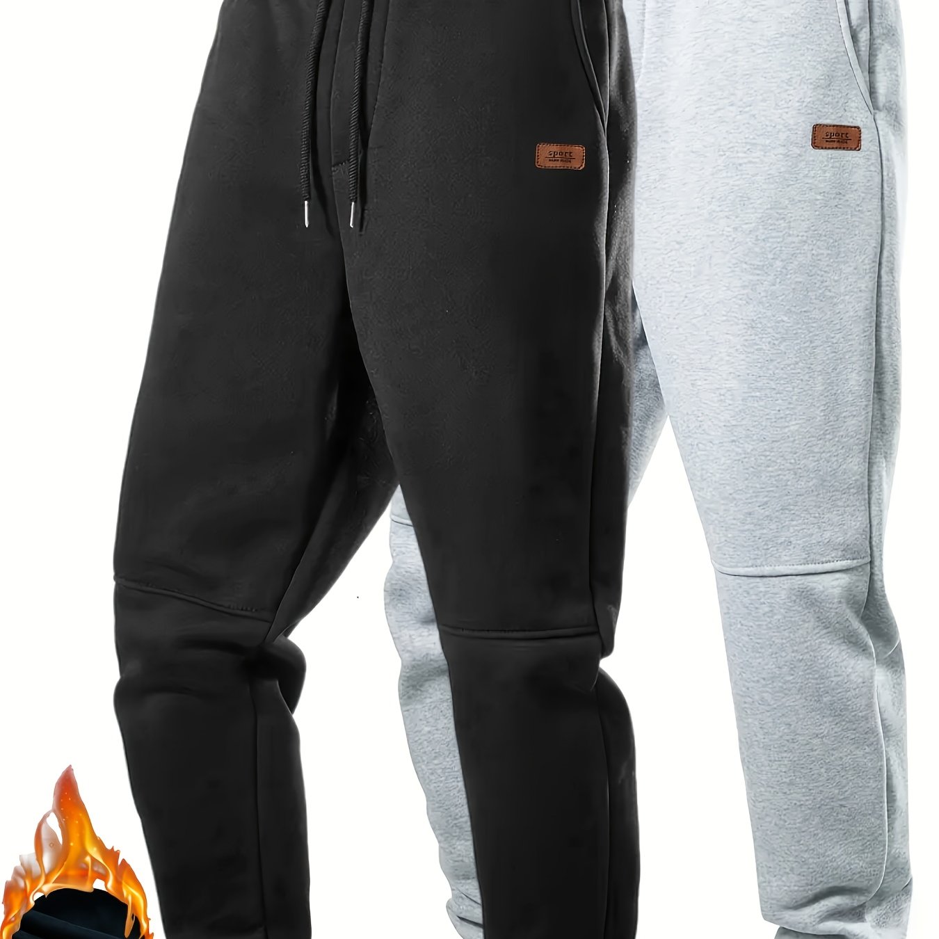 TEMU 2pcs Men's Casual Pants, Thickened Warm Athletic Pants For Autumn And Winter, Fashionable - Elastic Waistband With Adjustable Drawstring, Side