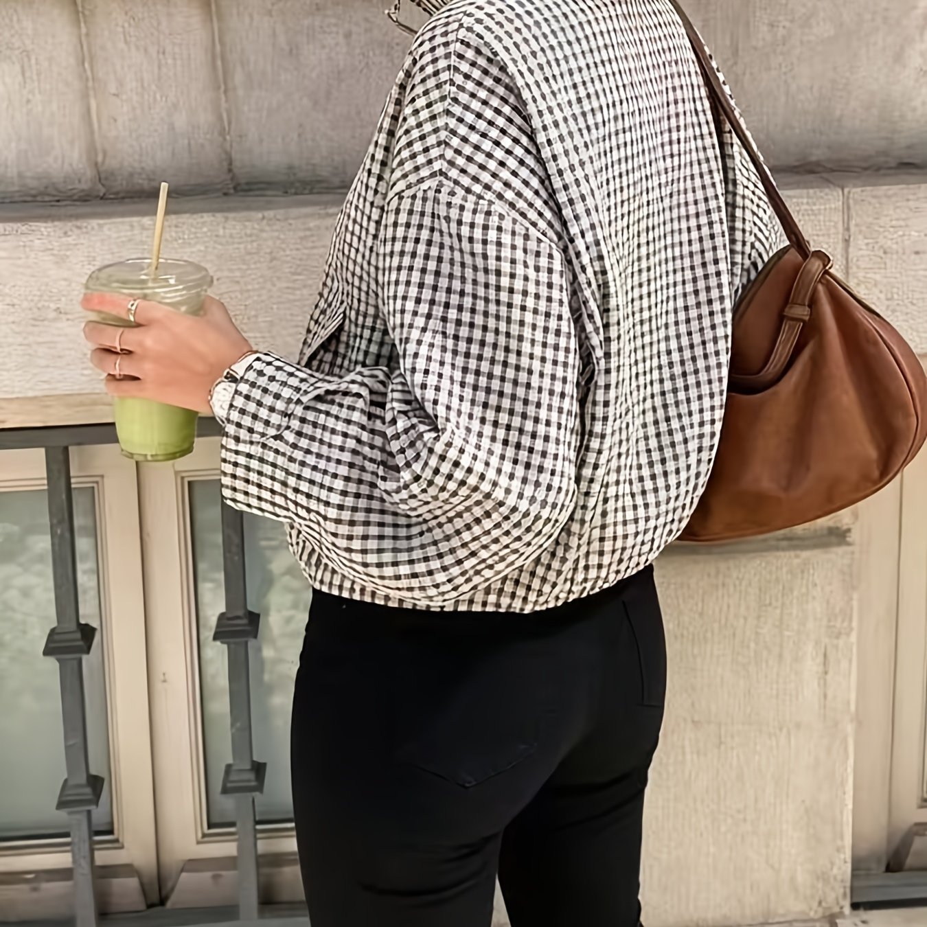 TEMU Women's Long Sleeve Jacket, Stand Collar With Zipper, Loose , Black And White Checkered Pattern