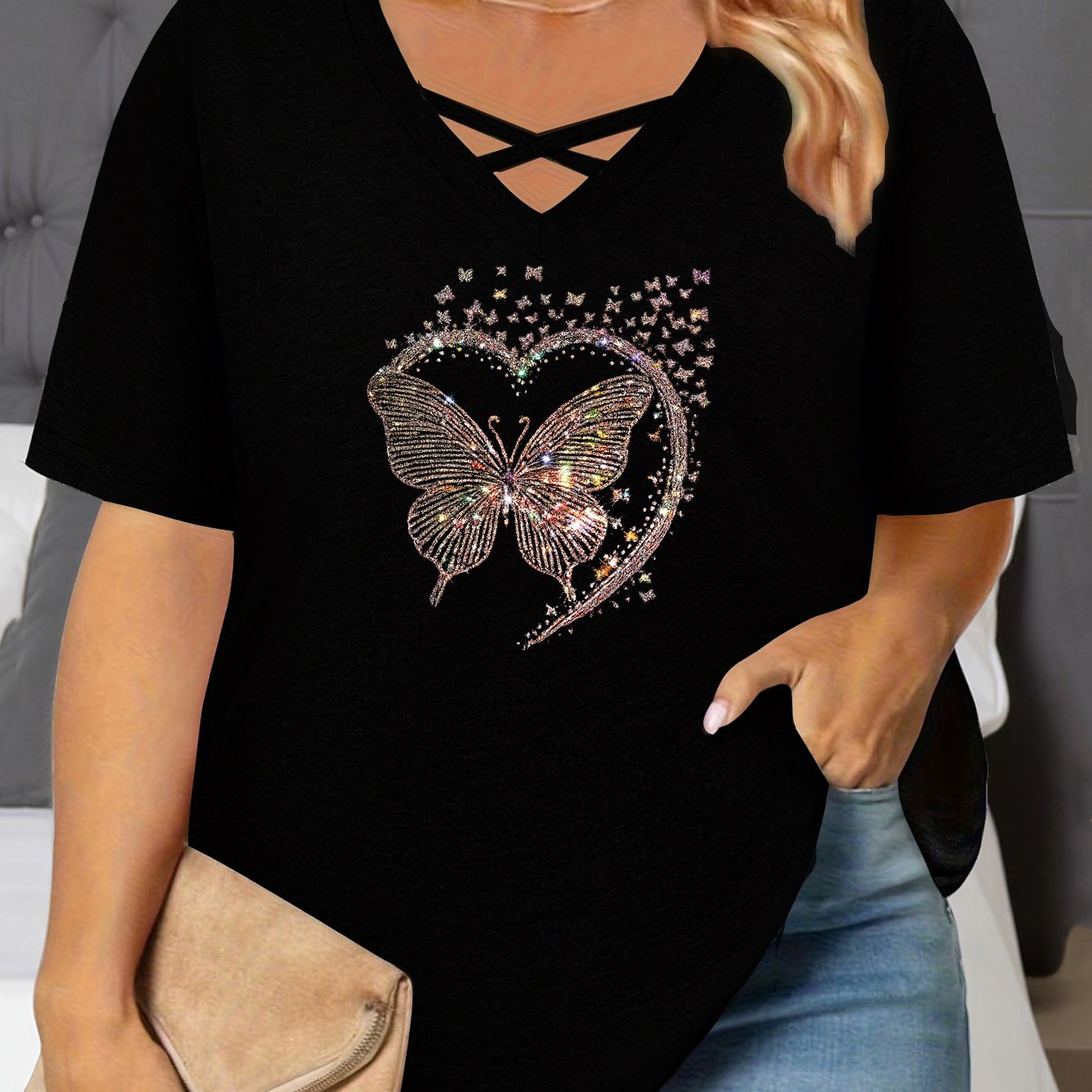 TEMU Plus Size - Plus Size - 1xl-8xl Plus Size Round Neck Short Sleeve T-shirt Women's Casual Top With Heart Hot Drill Print And Text Geometric