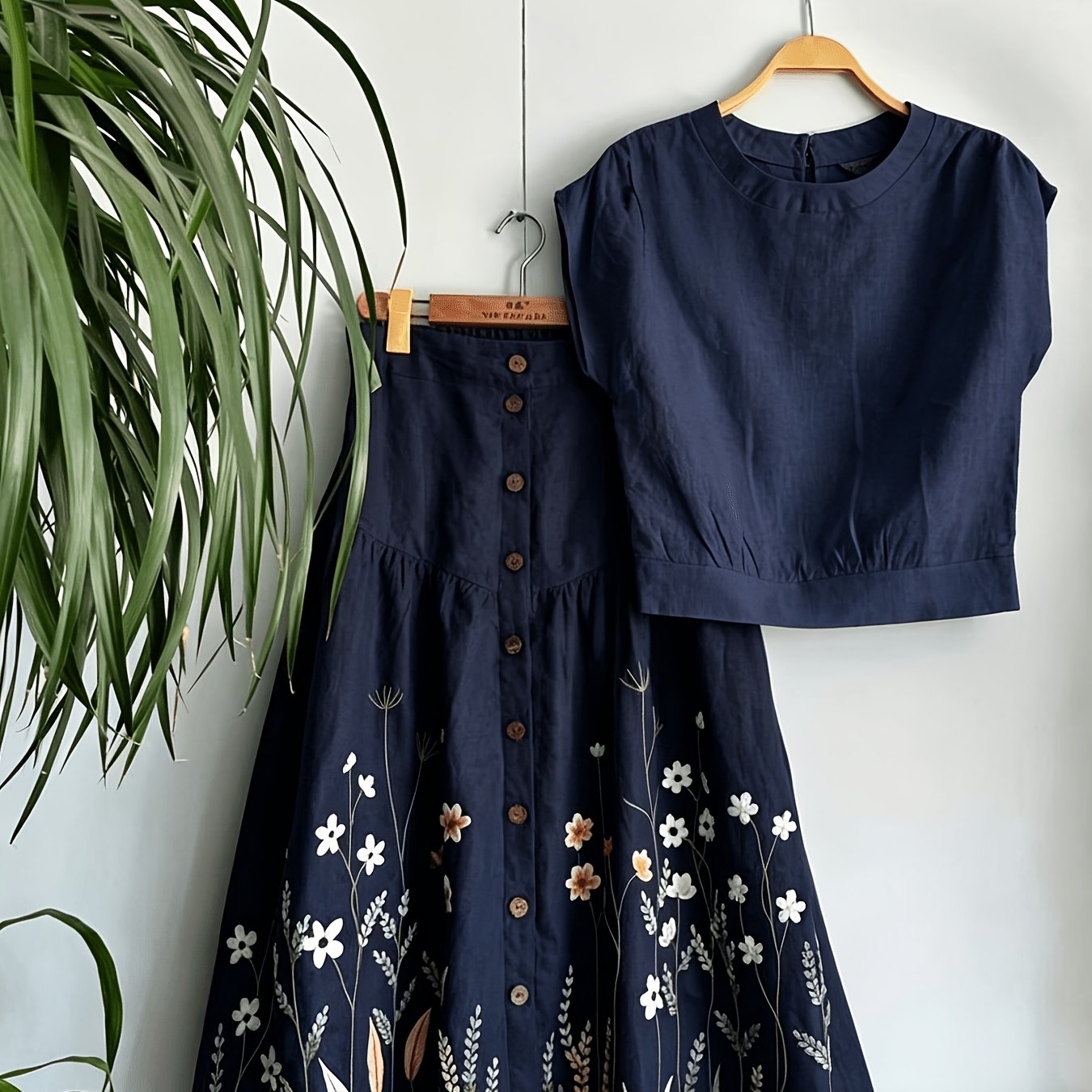 Women's 2pcs Outfit, Short Sleeve Round Neck Top + Floral Embroidered Button Front Midi Skirt, Navy Casual Co-ord Set, Summer Matching Set For Daily & Weekend Wear