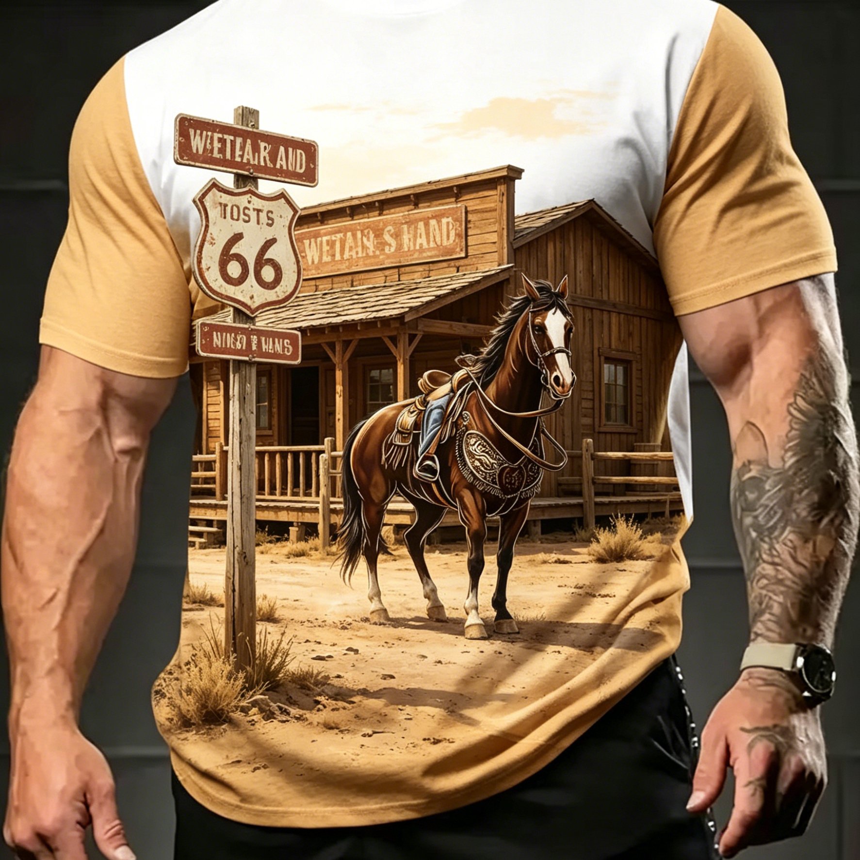 TEMU [printed Design-not Textured] American 66th Highway Western Cowboy Vintage Distressed Men's Round Neck Casual Breathable T-shirt ~|~moisture