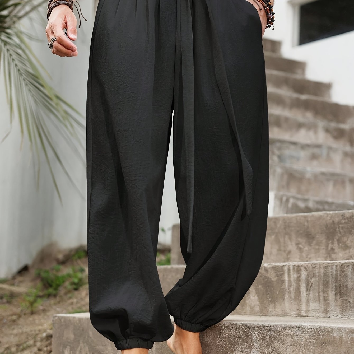 Image of Men's Long Pants, Back-to-school Gift For Men, Lantern Trousers Loose Drawstring Ankle-cinching Breathable Casual Pants, Spring And Summer, Loose Fit, Outdoor