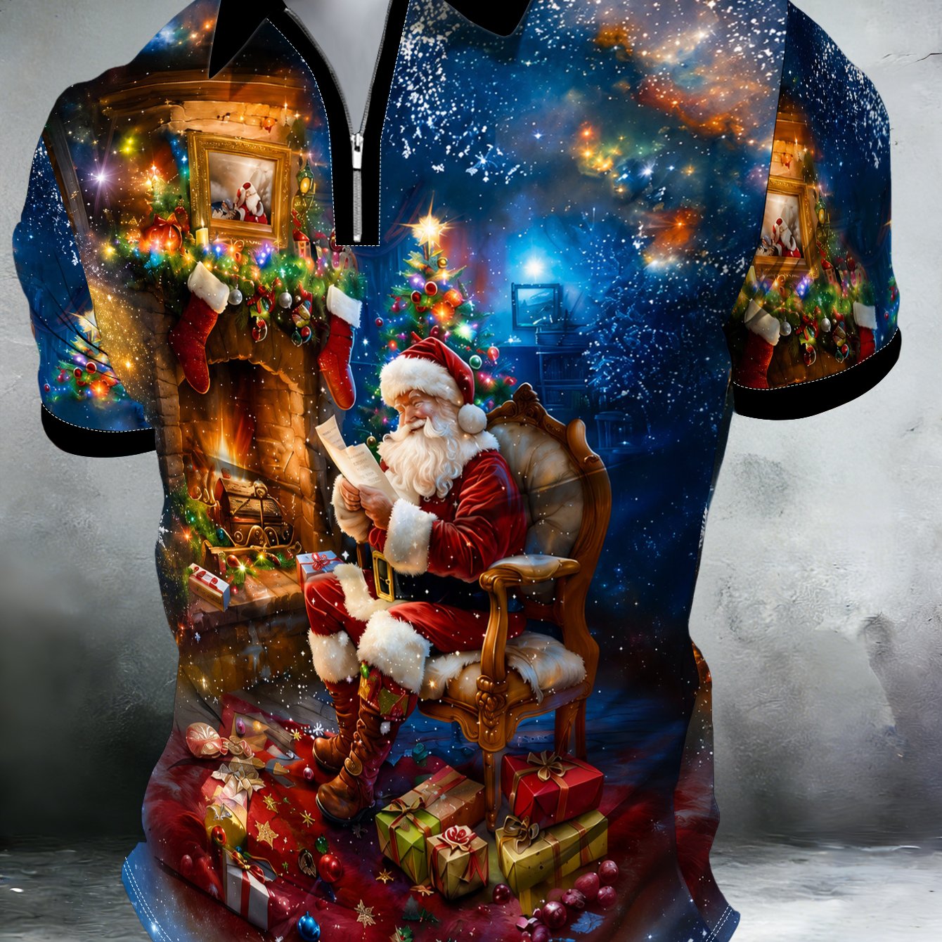 TEMU Men's Christmas Theme Zip Shirt Santa Claus Fireplace Snowflake Top Festive Atmosphere Artistic Fashion Short Sleeve Women's Clothing