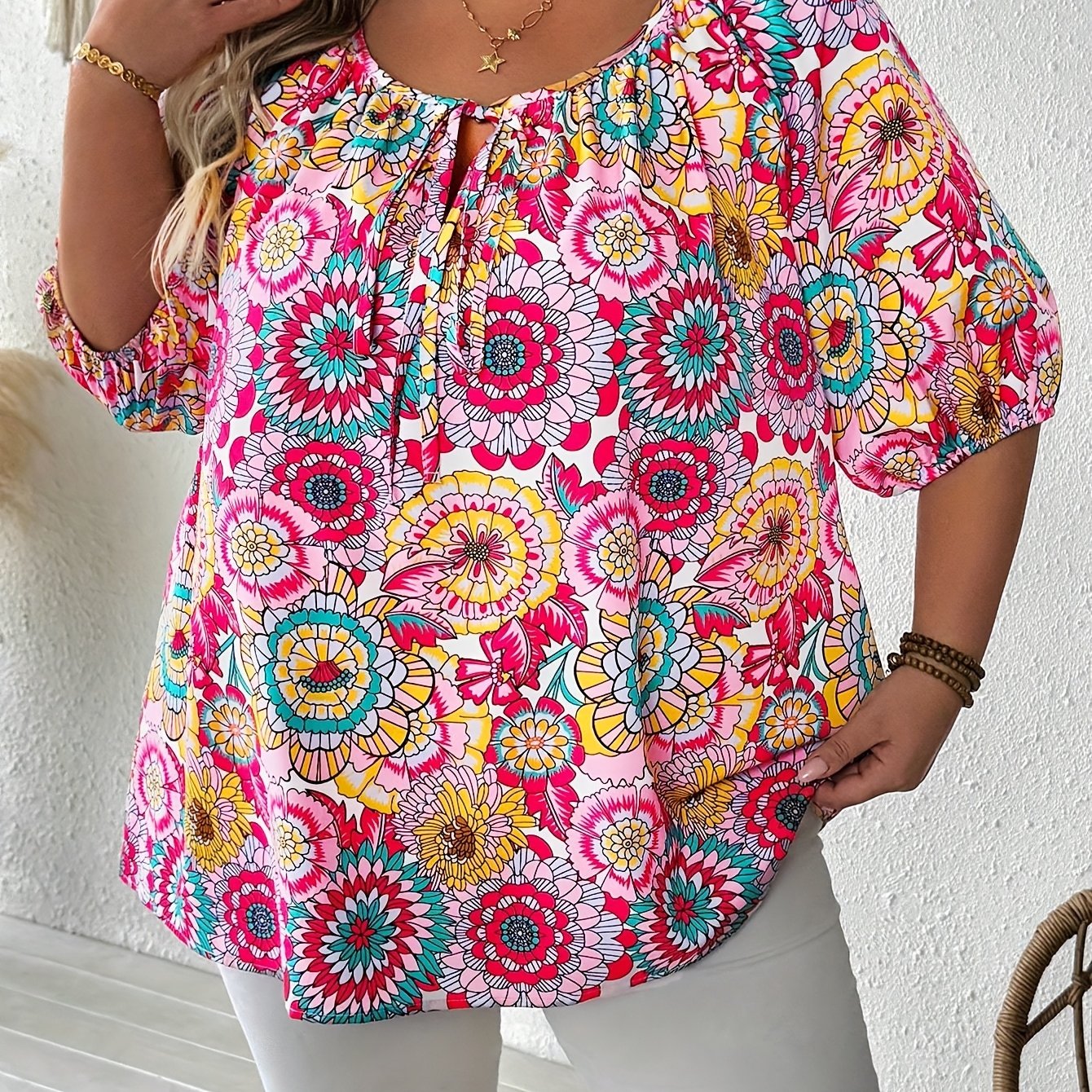 TEMU Plus Size, Plus Size Women's Floral Print Summer Blouse - Vibrant Colorful Flowers, Round Neck, Machine Washable Lightweight Top For Beach