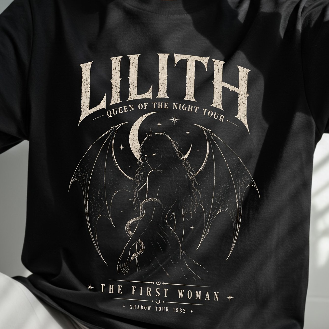Image of Lilith Tour Print T Shirt Dark Feminine Gothic Style Suitable For Goth Fans Ideal For Concert Events Casual Wear Black Crew Neck 180g Tee S To 3xl