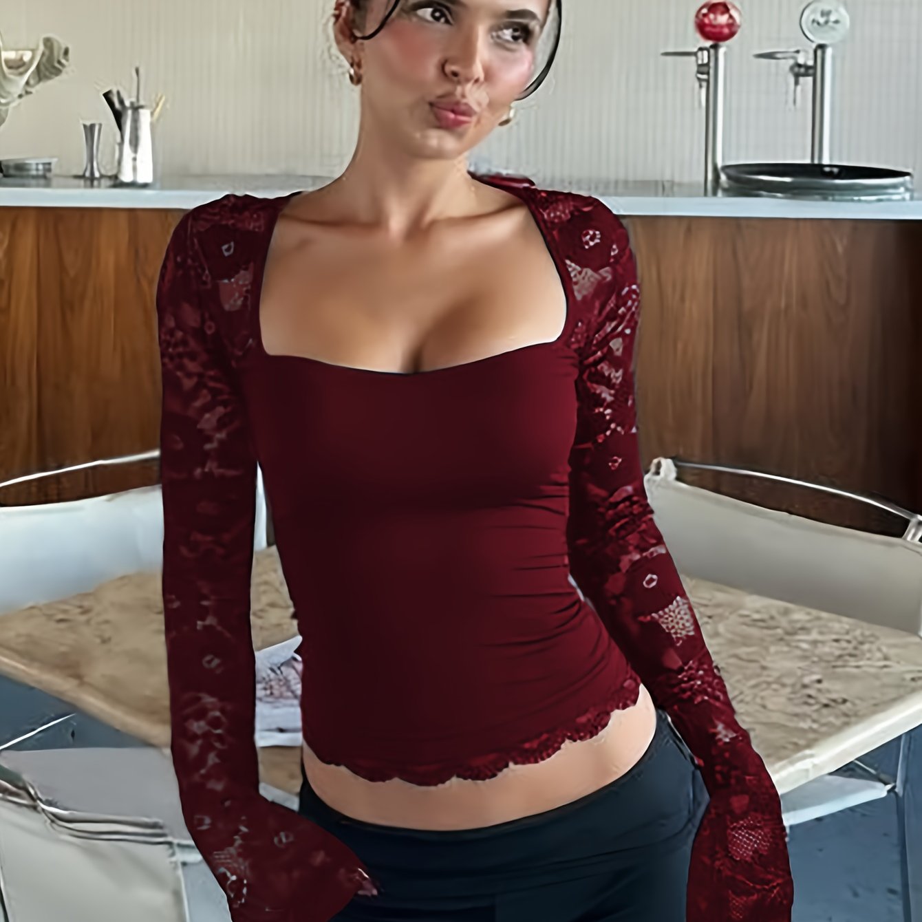 Women'S Sexy Floral Print Lace Trim Long Sleeve T-Shirt - Slim Fit Square Neck Top with Contrast Lace Detail, Stretchy Fabric for Spring/Fall Layering, Spring Fall Apparel | Floral Print Top | Lace Trim Detail