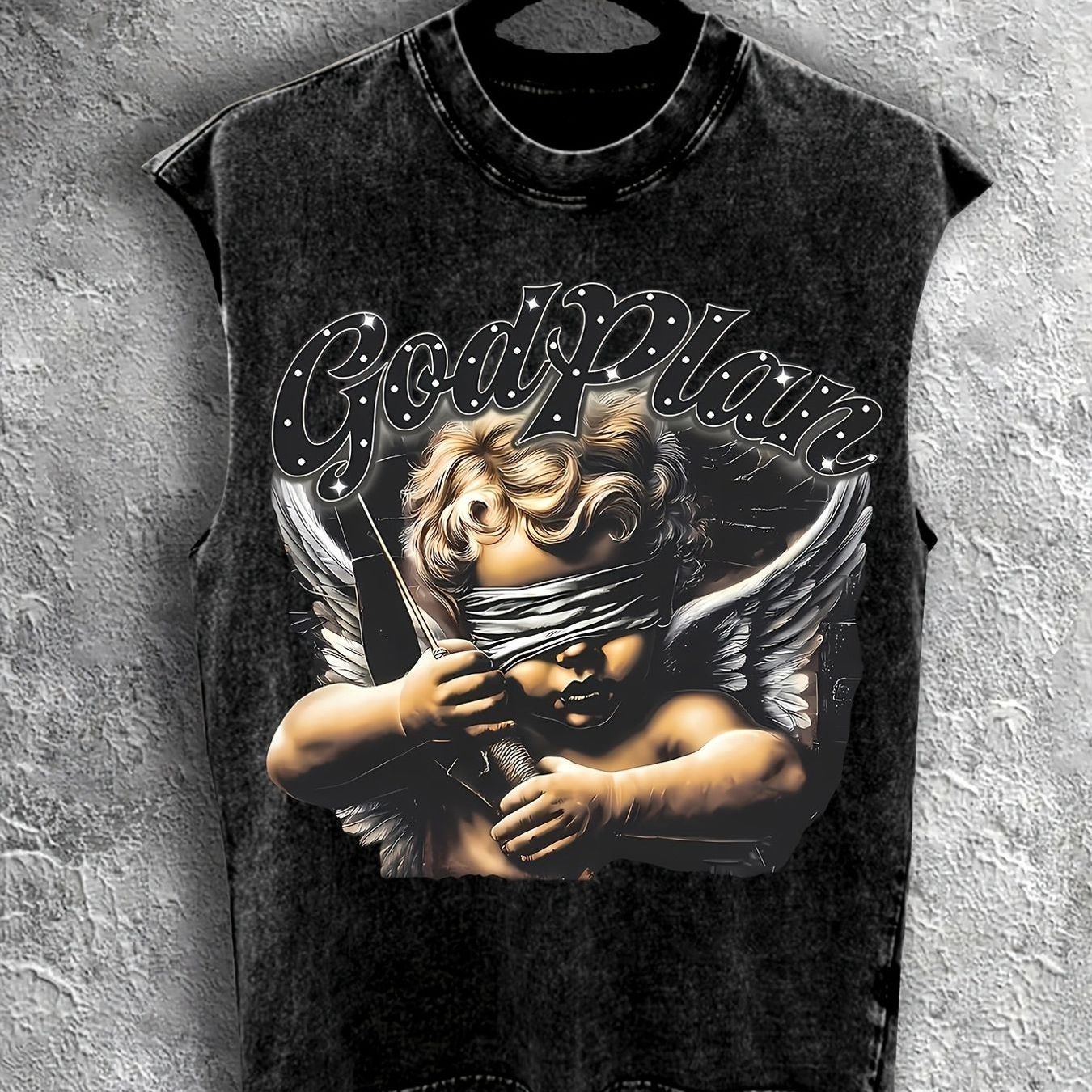 TEMU Men's Godplan Vintage & Graphic Distressed Sleeveless Tank Top - Loose Fit Retro Streetwear Vest, Black Summer Shirt Suitable For Casual Wear,