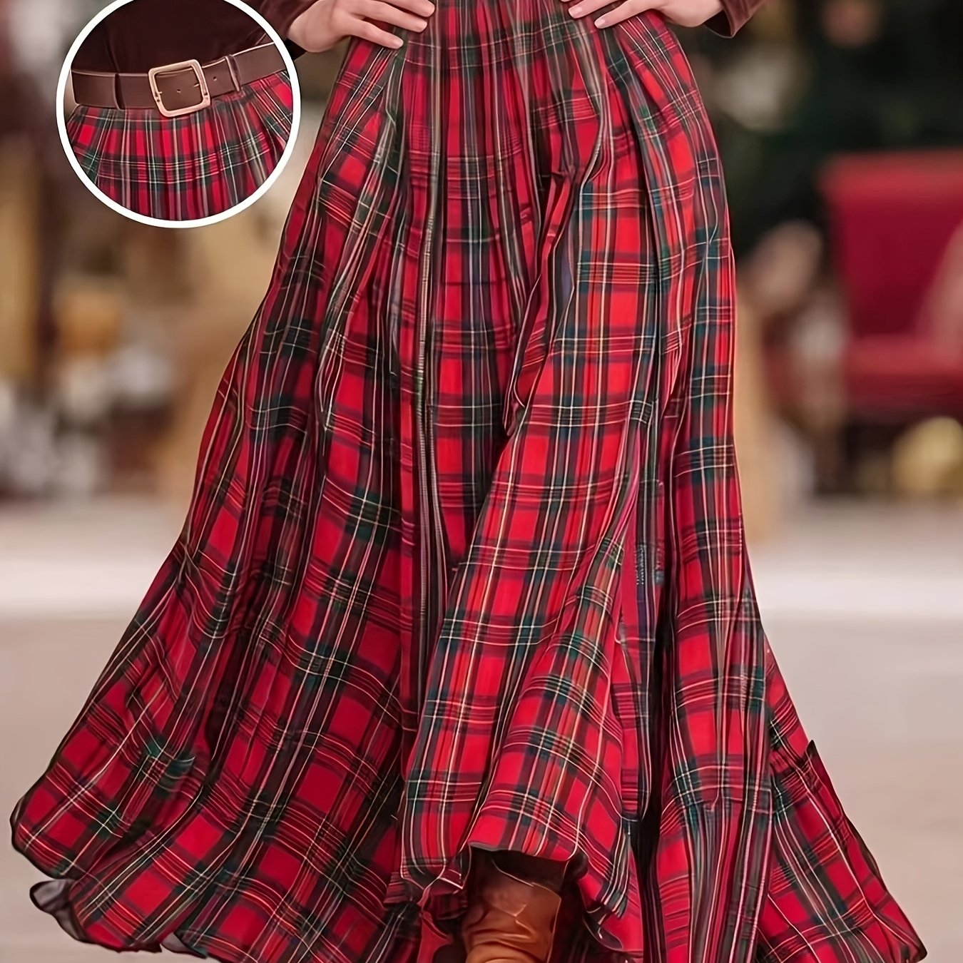 TEMU Women's Vintage Scottish Red Plaid Skirt With Elastic Waist (no Belt) - High-waisted A-line Flared Long Skirt Suitable For , Belt Compatible For