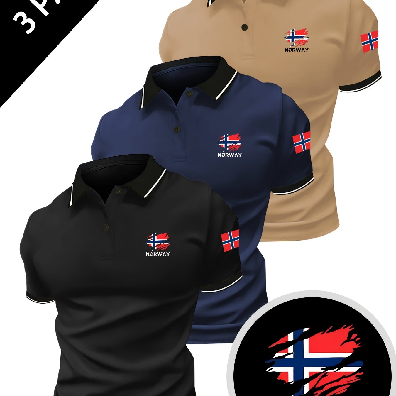 TEMU Conjunto de 3 polos deportivas casuales para hombre con estampado de noruega, cómodas y transpirables, perfectas para actividades al aire libre